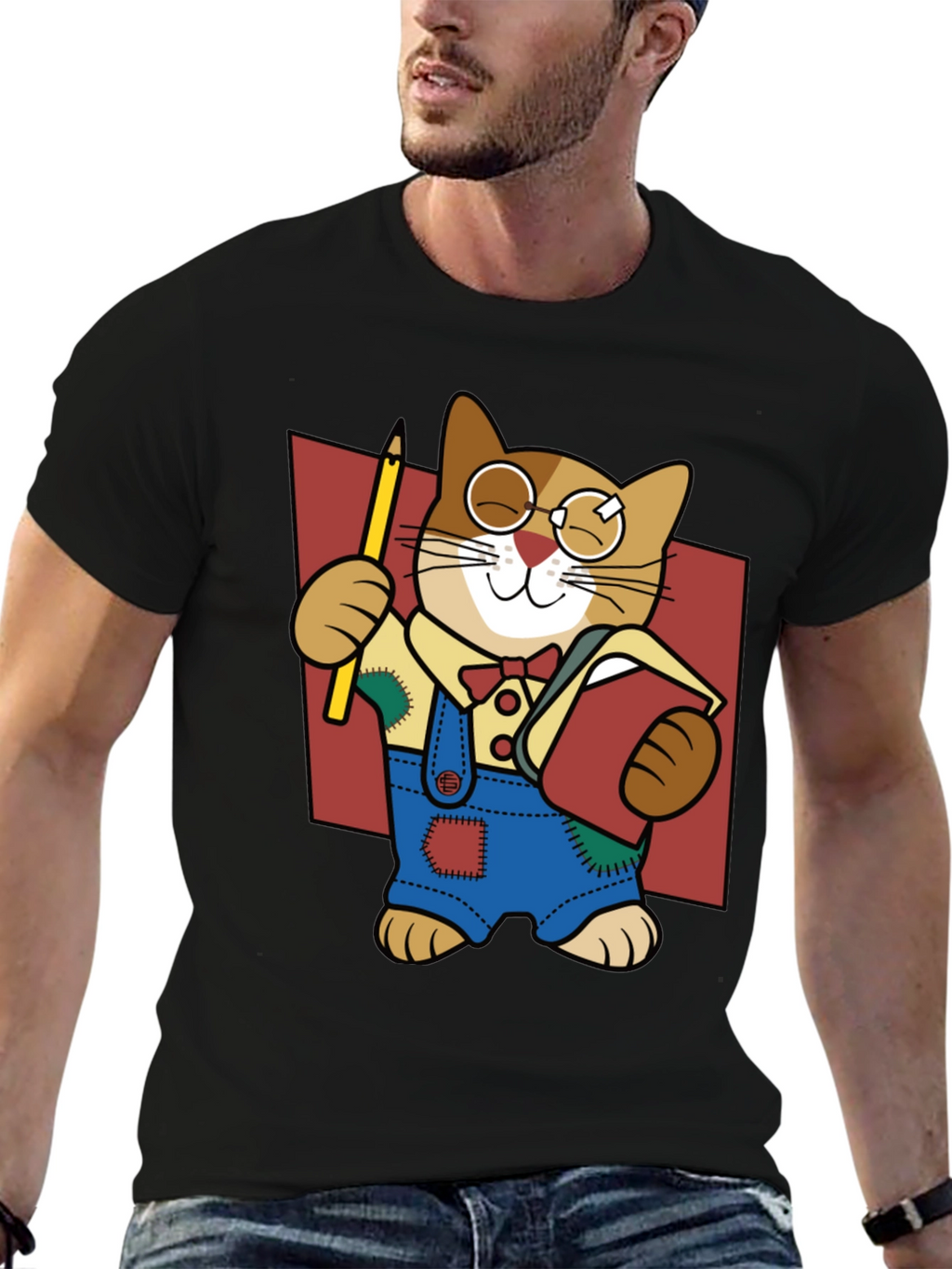 Quirky Cartoon Cat Graphic Tee - Black