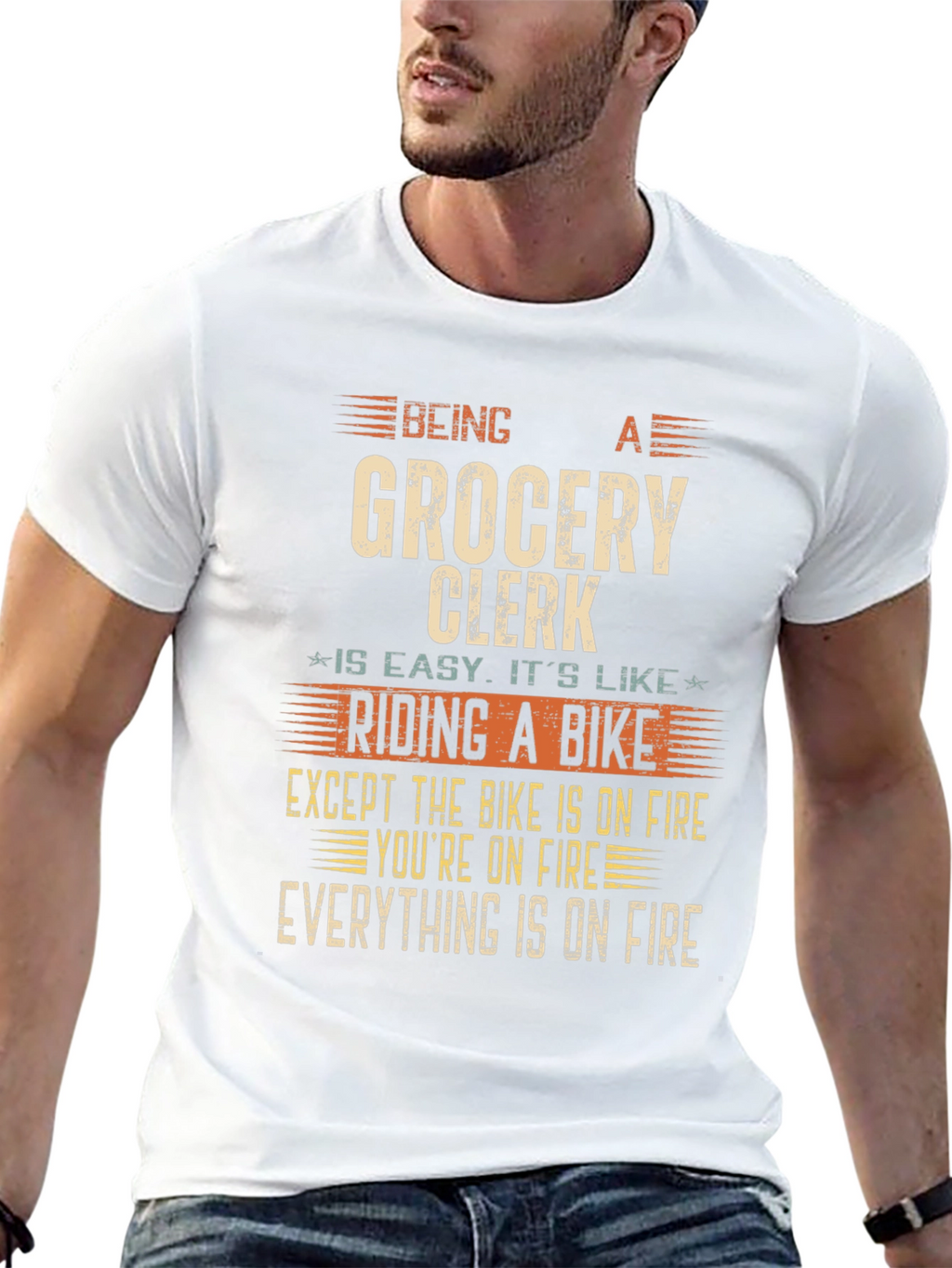 Funny Grocery Clerk T-Shirt: Riding A Bike On Fire