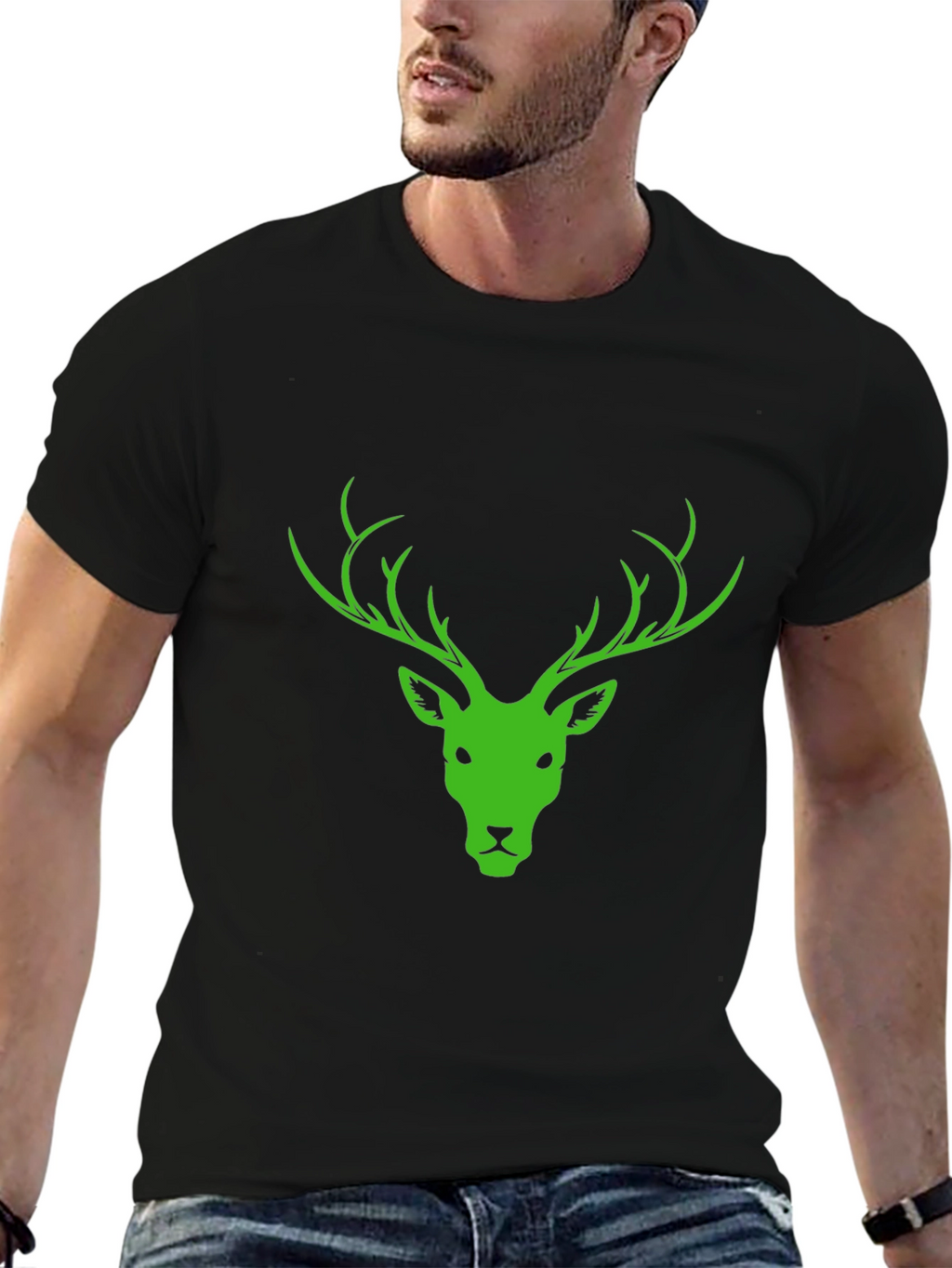 Black T-Shirt with Green Deer Head Design