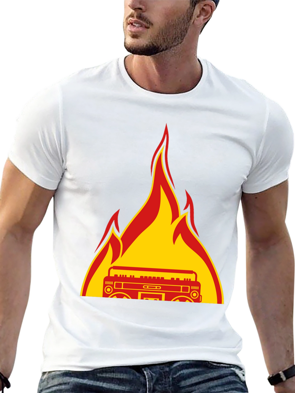 Flaming Boombox Graphic Tee - Retro Style