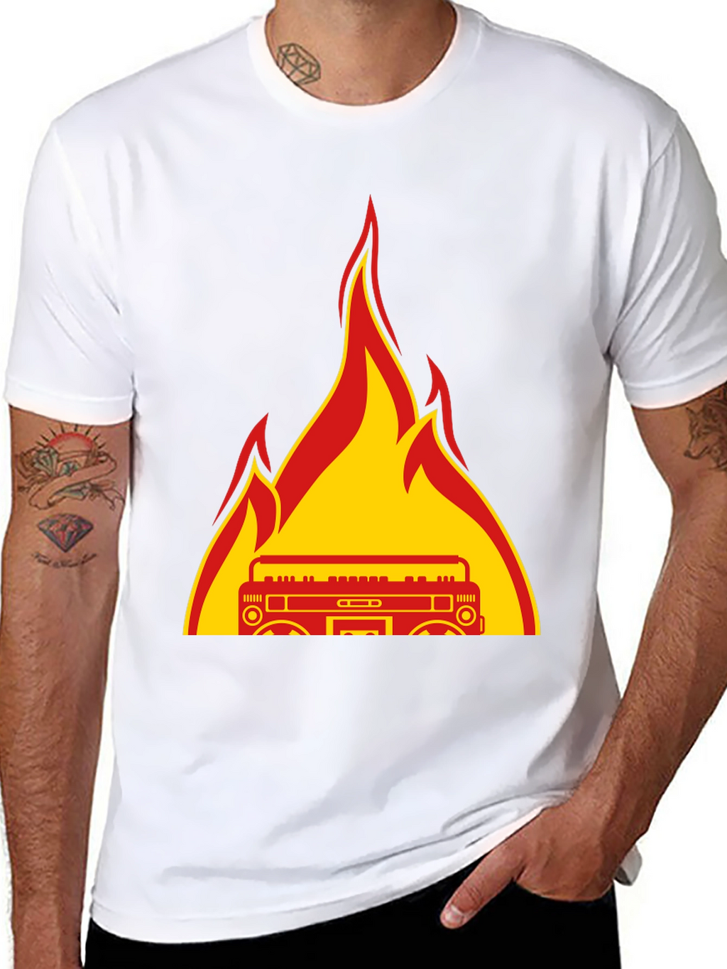 Flaming Boombox Graphic Tee - Retro Style