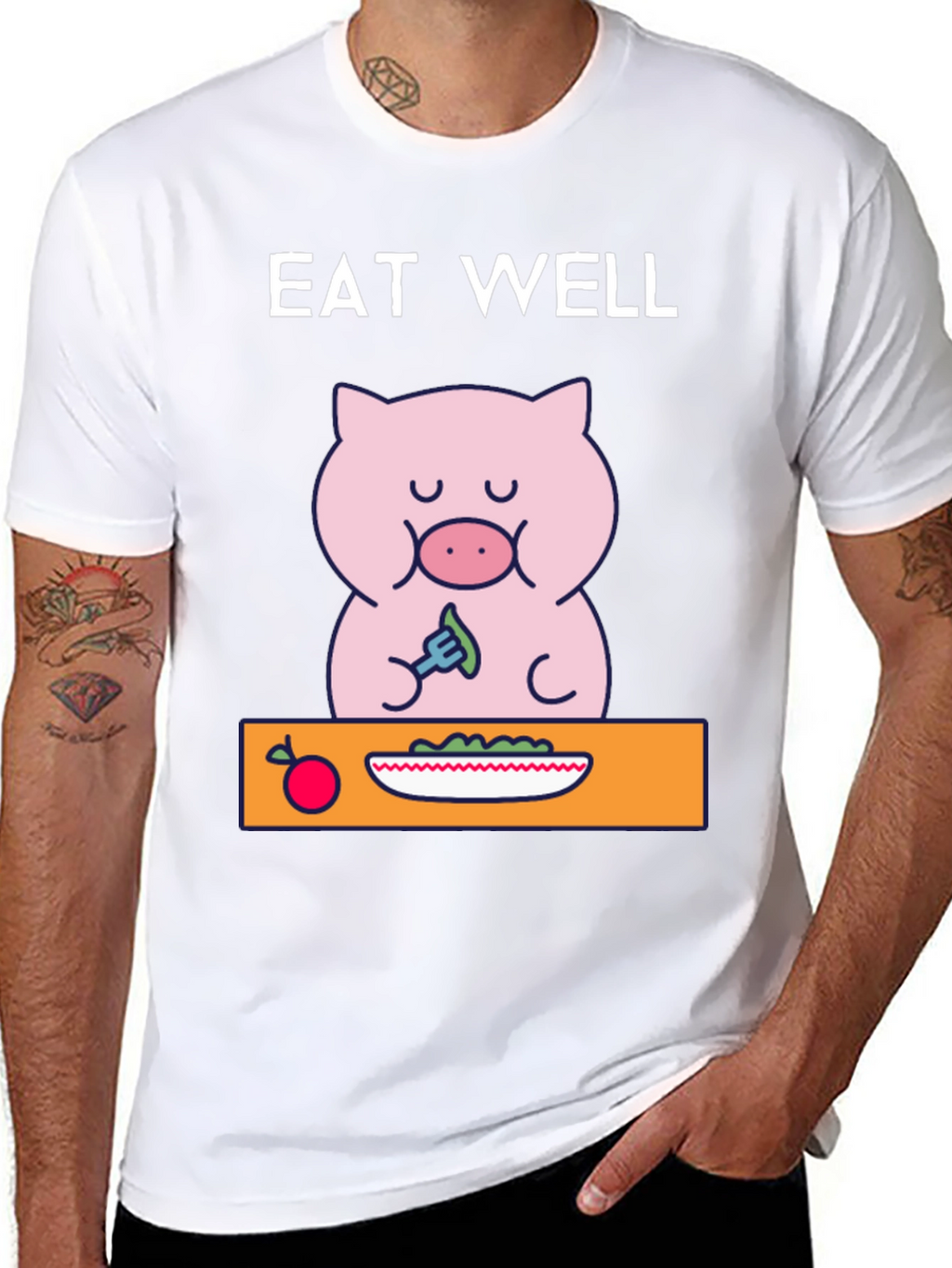 Eat Well Pig T-Shirt - Funny Cartoon Tee