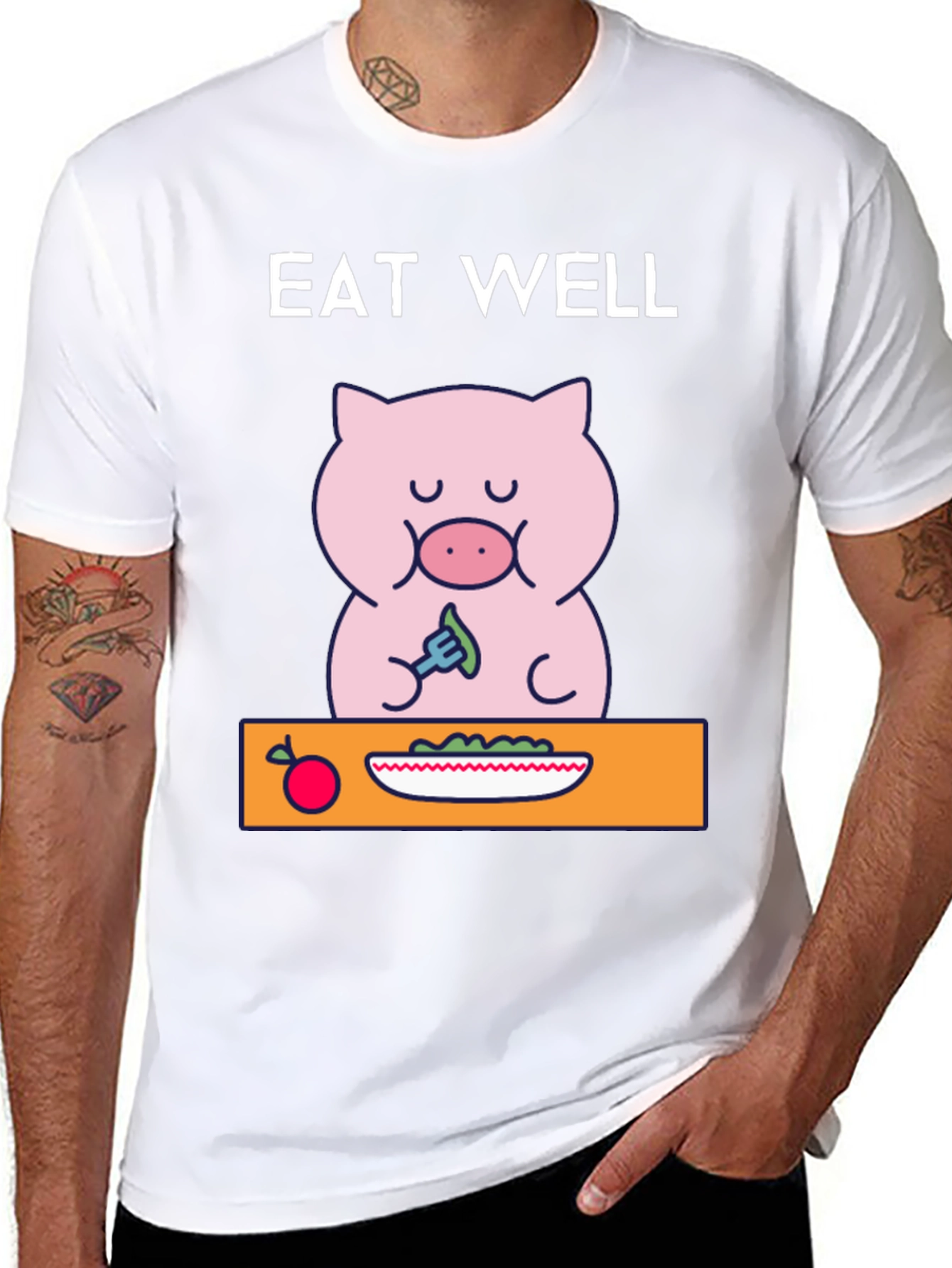 Eat Well Pig T-Shirt - Funny Cartoon Tee