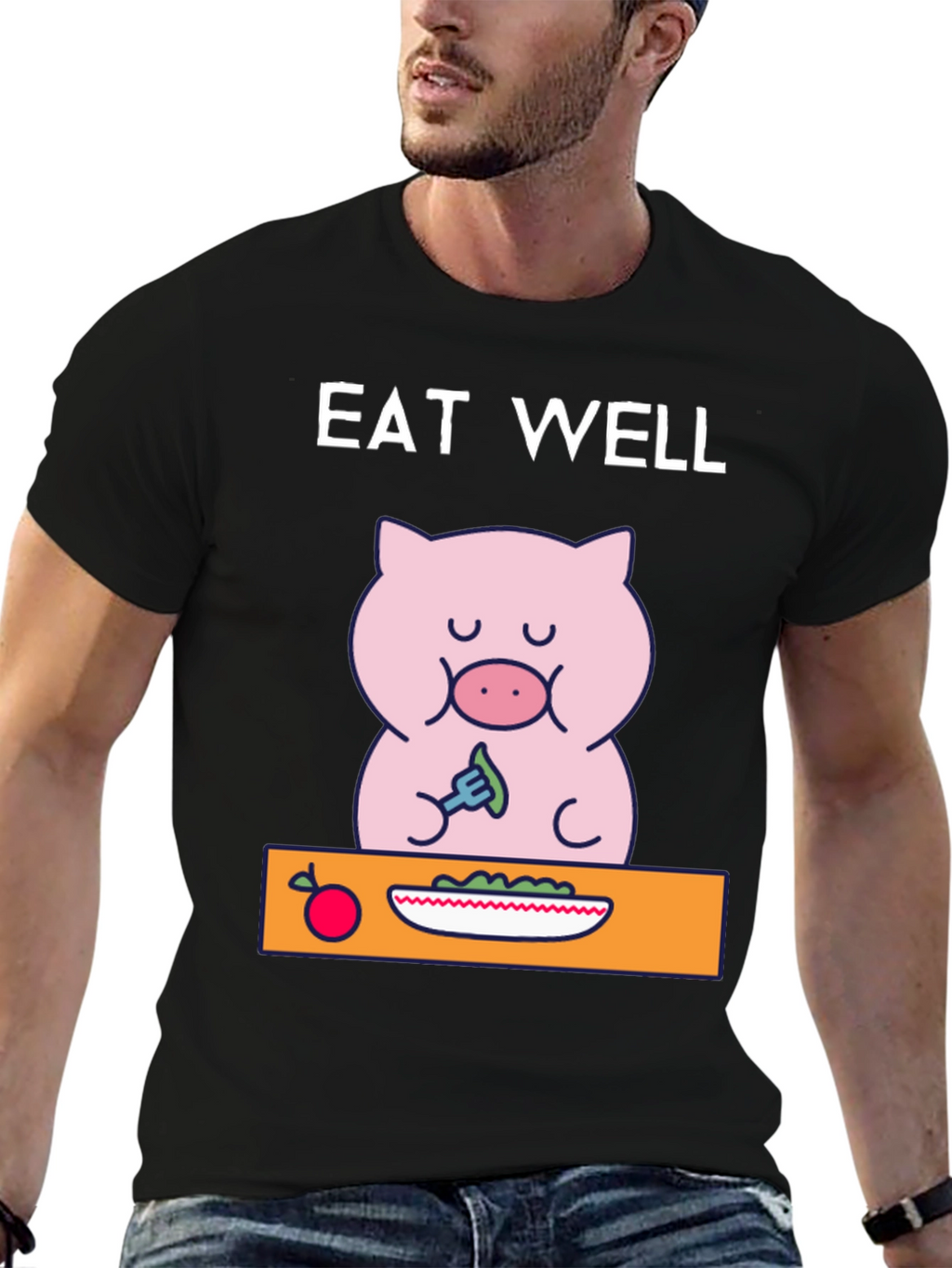 Eat Well Pig T-Shirt - Funny Cartoon Tee