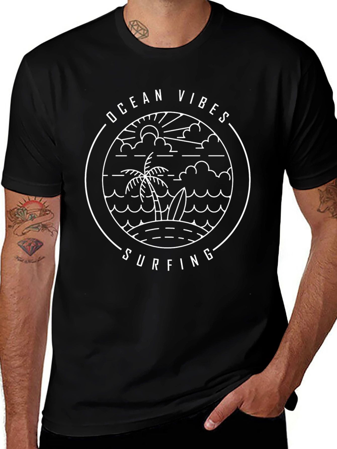 Ocean Vibes Surfing Graphic Tee - Black