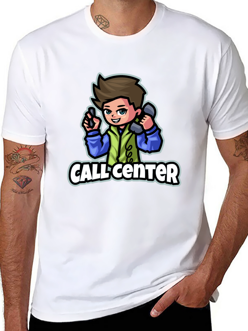 Call Center Cartoon Graphic T-Shirt - Black