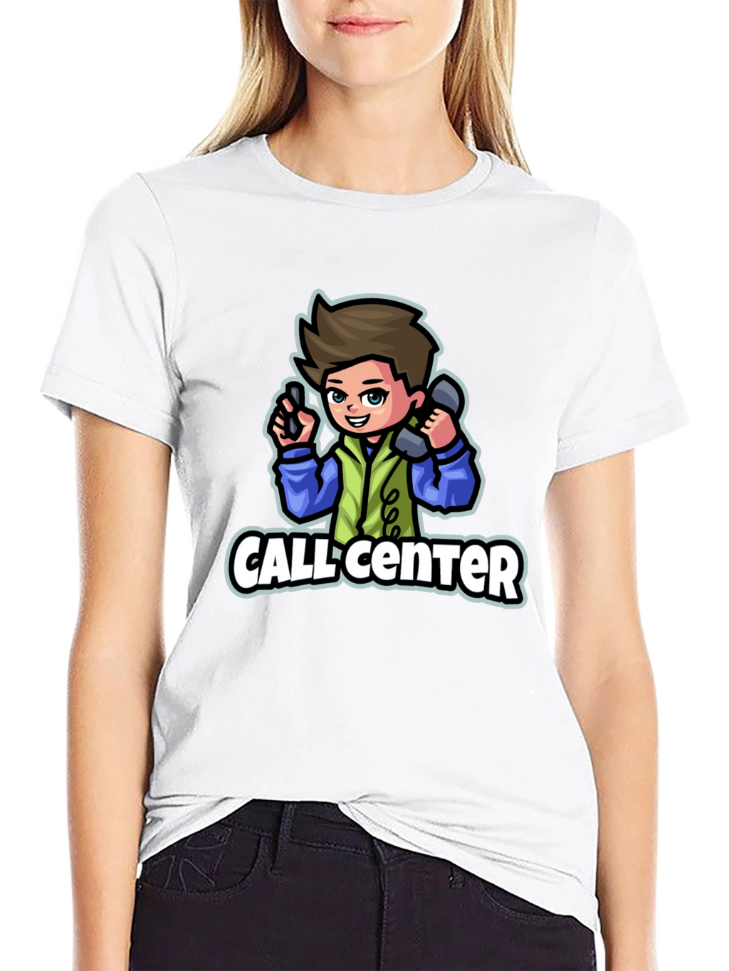 Call Center Cartoon Graphic T-Shirt - Black