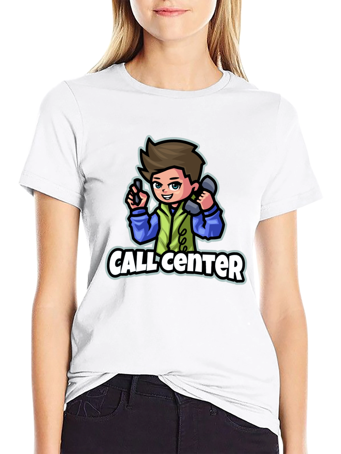 Call Center Cartoon Graphic T-Shirt - Black