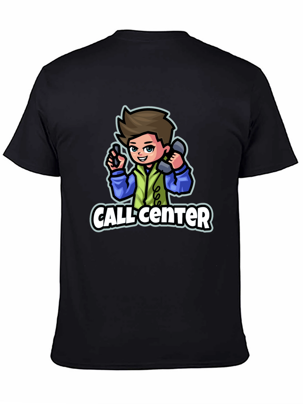 Call Center Cartoon Graphic T-Shirt - Black