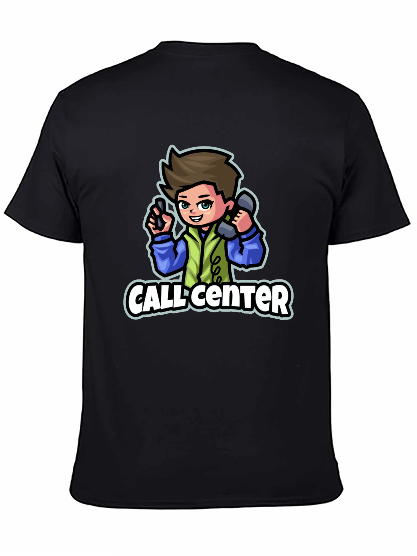Call Center Cartoon Graphic T-Shirt - Black