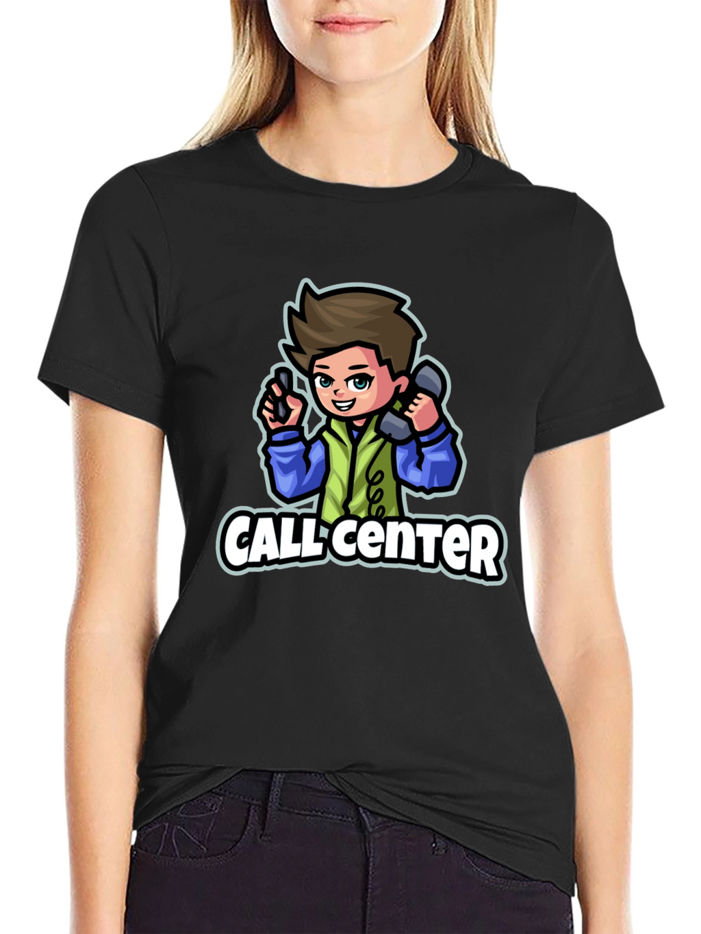 Call Center Cartoon Graphic T-Shirt - Black