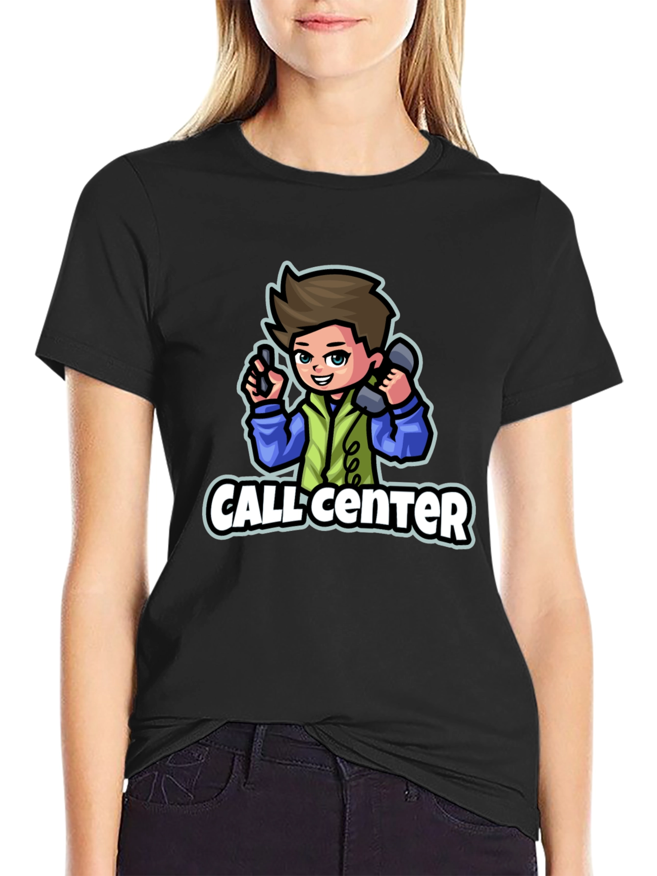 Call Center Cartoon Graphic T-Shirt - Black