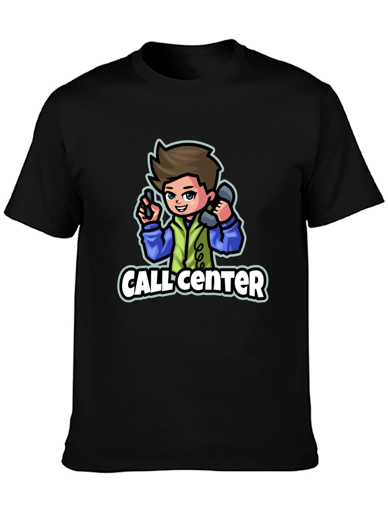 Call Center Cartoon Graphic T-Shirt - Black