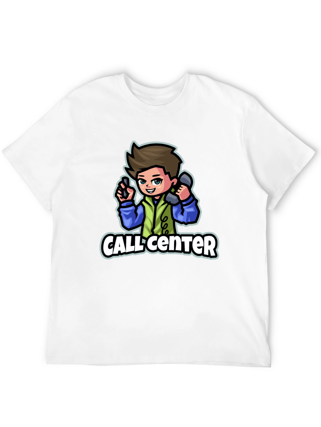 Call Center Cartoon Graphic T-Shirt - Black