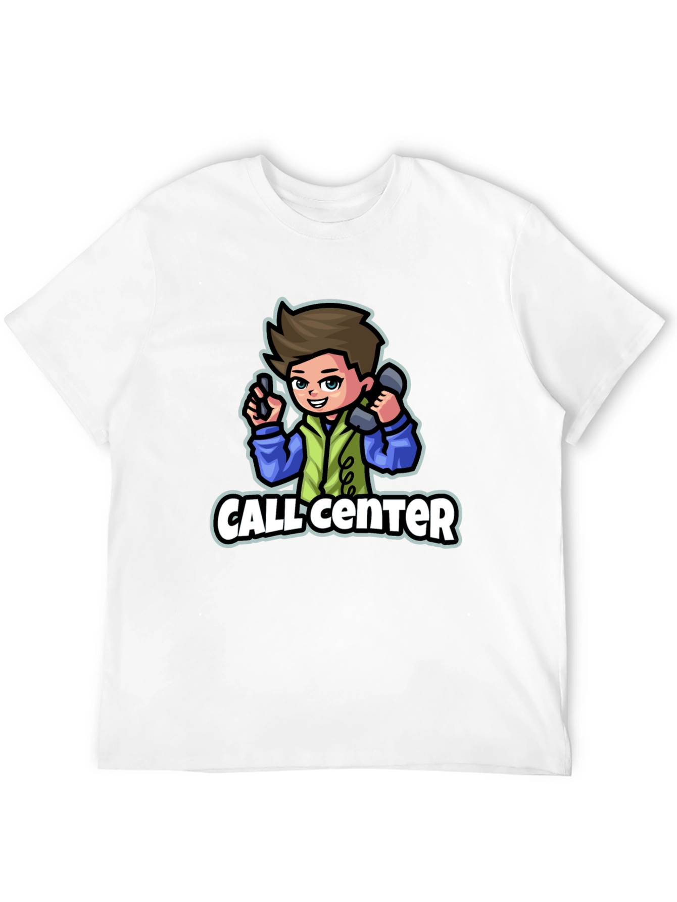Call Center Cartoon Graphic T-Shirt - Black