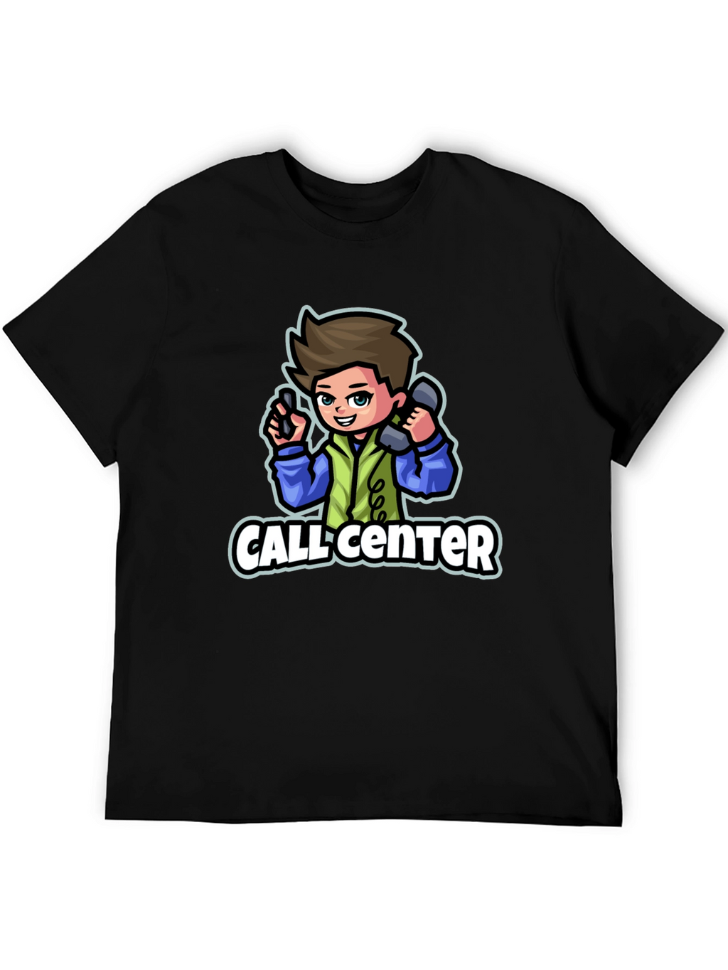 Call Center Cartoon Graphic T-Shirt - Black