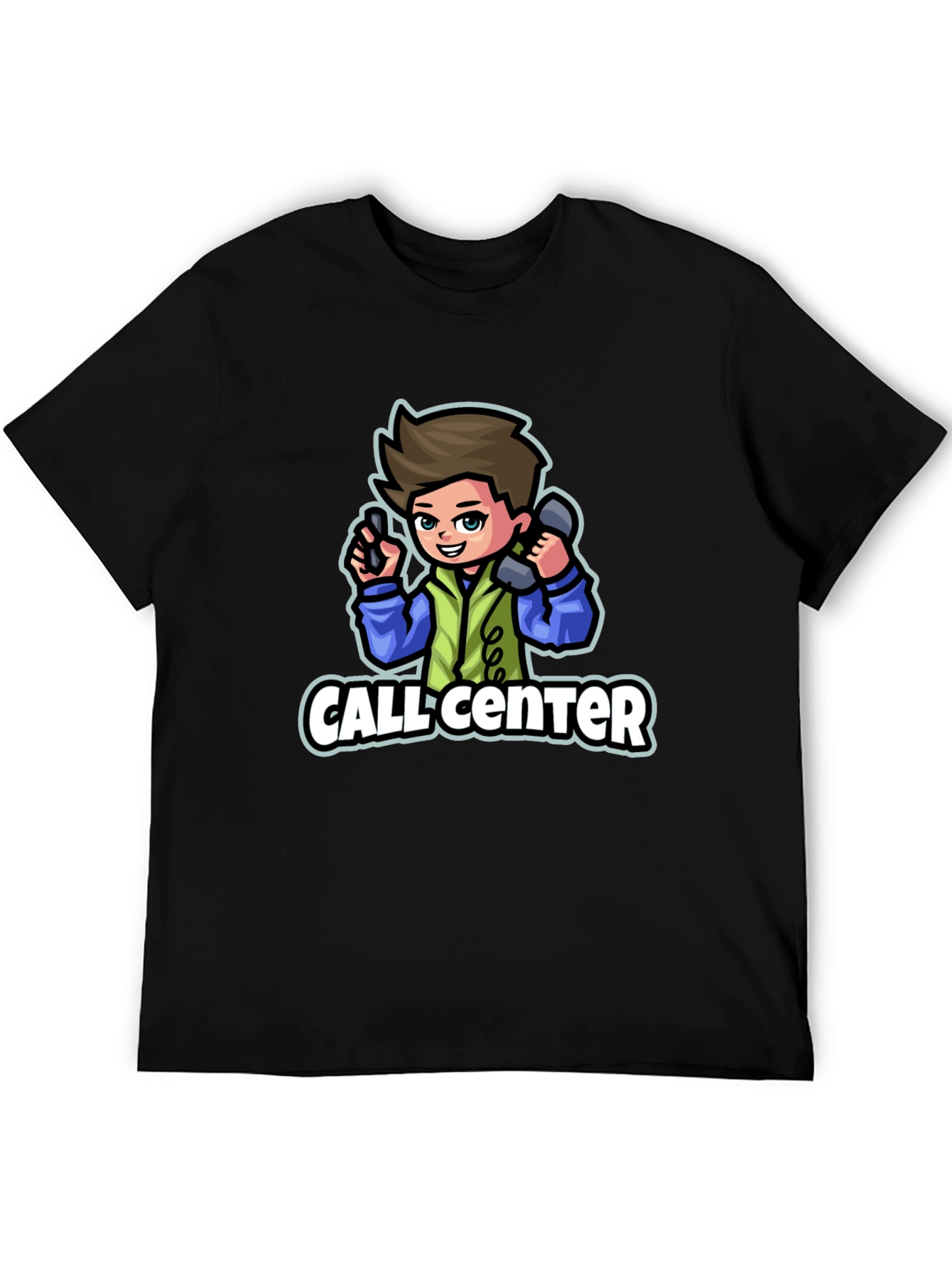 Call Center Cartoon Graphic T-Shirt - Black