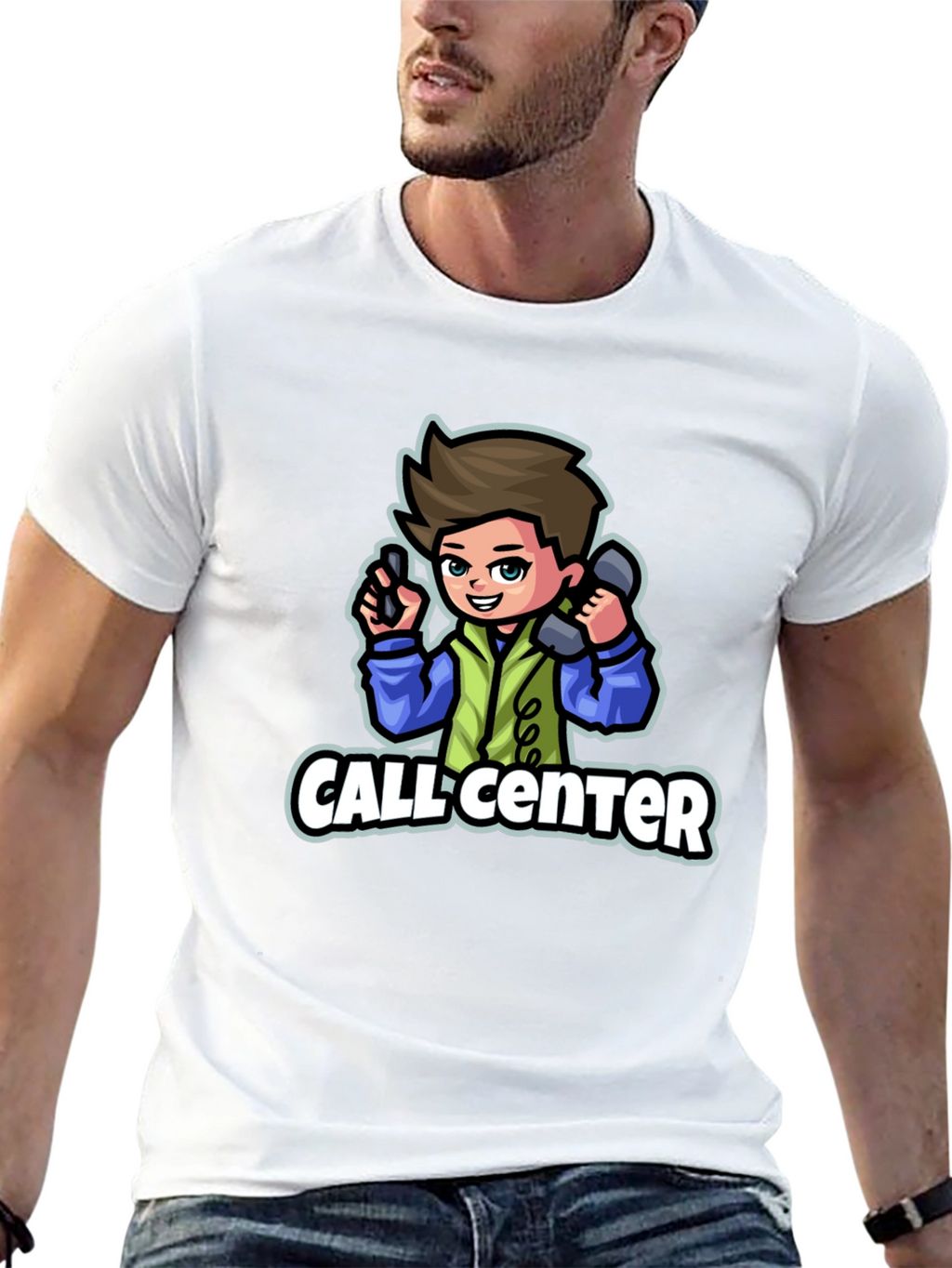 Call Center Cartoon Graphic T-Shirt - Black