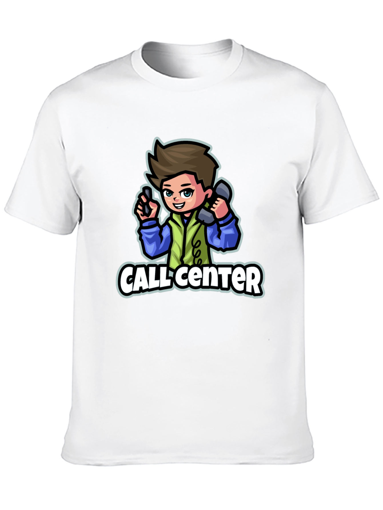 Call Center Cartoon Graphic T-Shirt - Black
