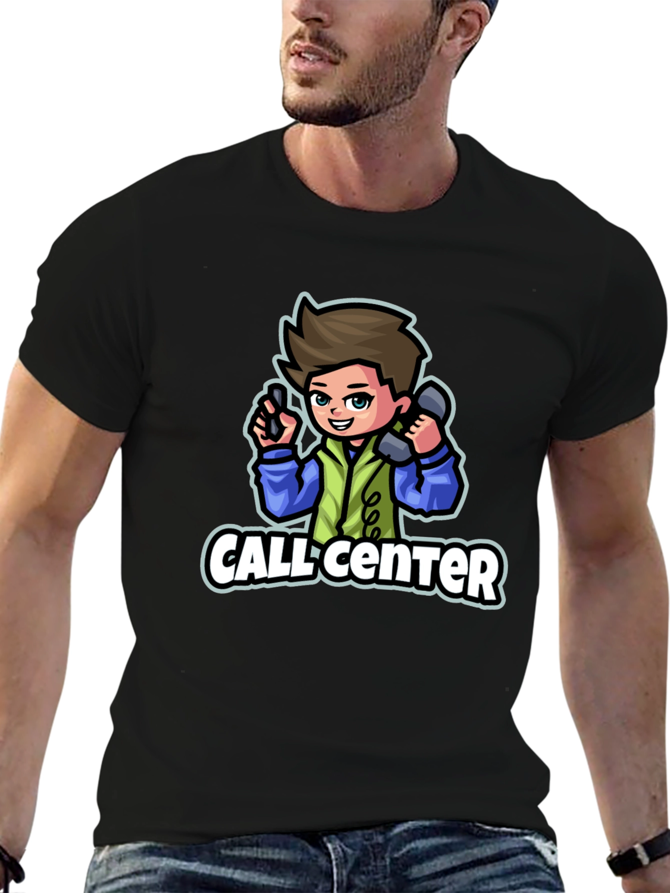Call Center Cartoon Graphic T-Shirt - Black