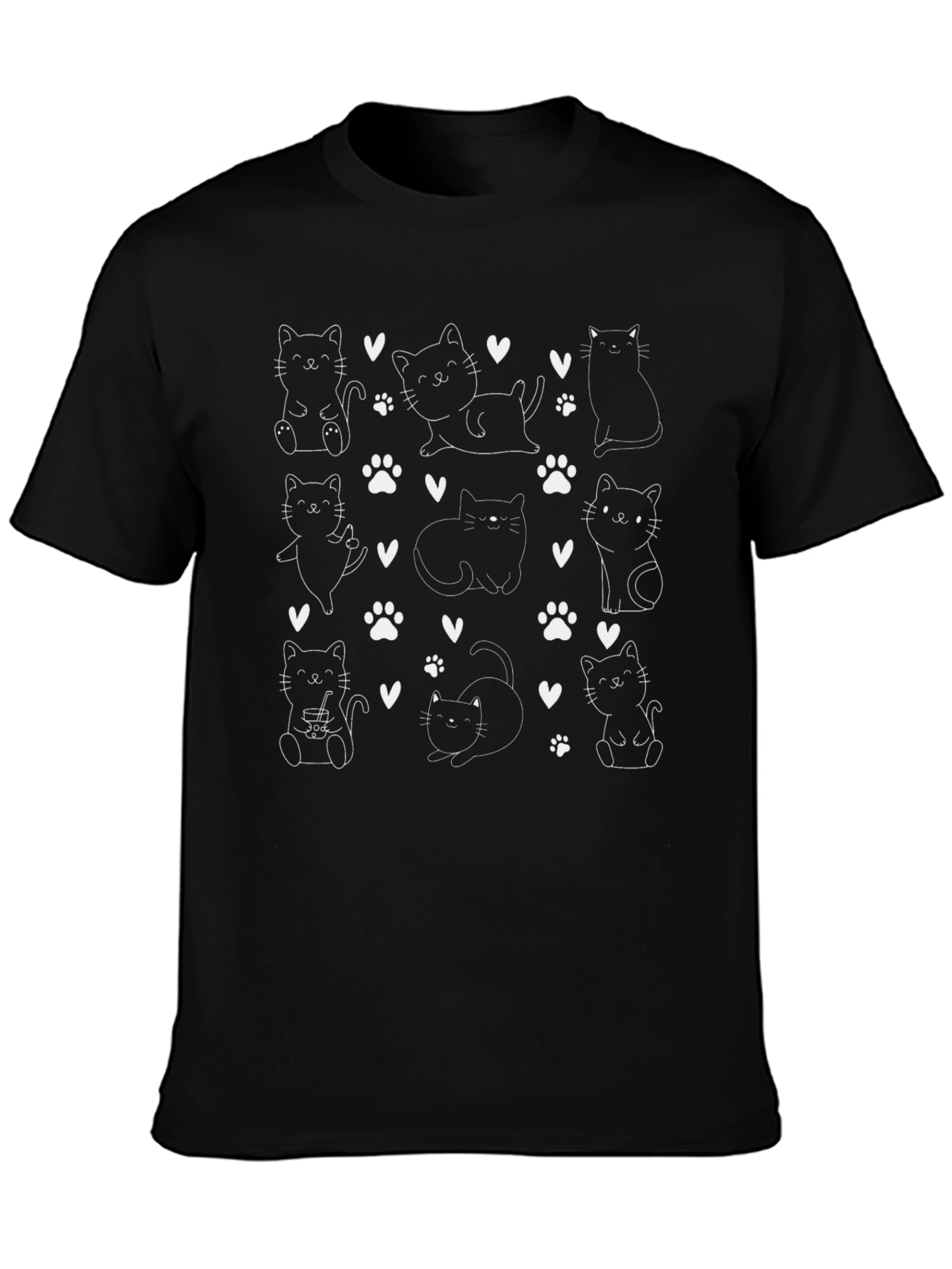 Cute Cats Pattern Black T-Shirt
