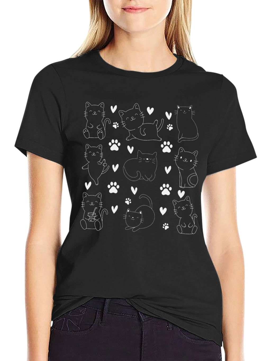 Cute Cats Pattern Black T-Shirt
