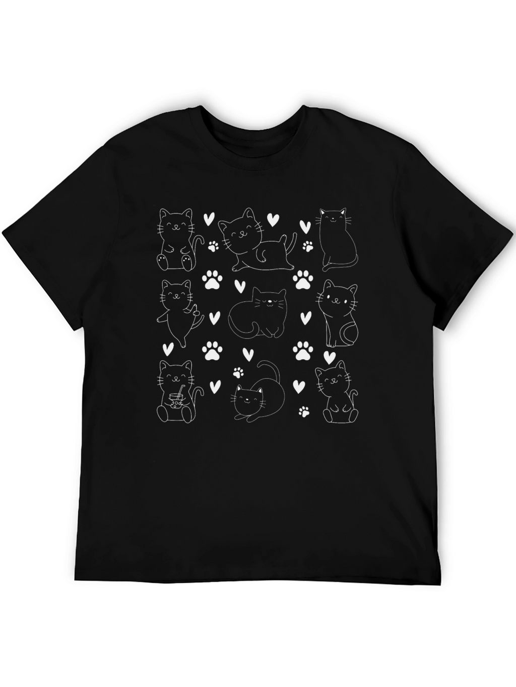 Cute Cats Pattern Black T-Shirt