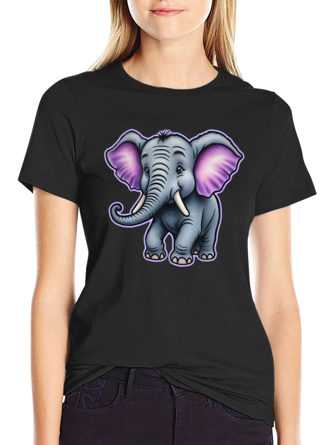 Cute Cartoon Elephant Graphic Tee - Black