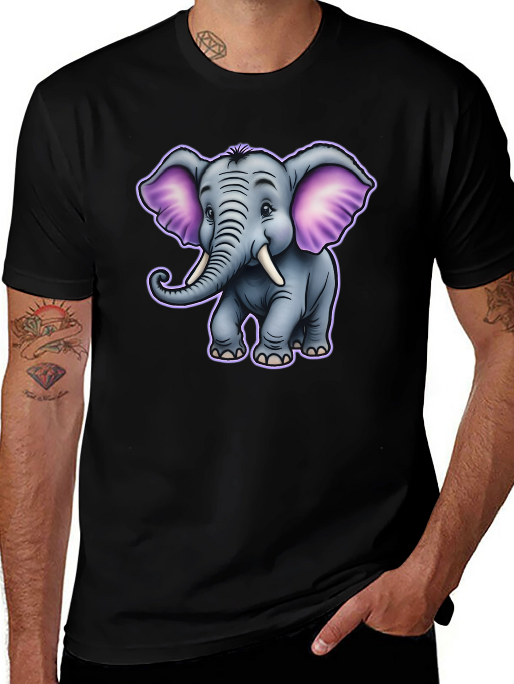 Cute Cartoon Elephant Graphic Tee - Black
