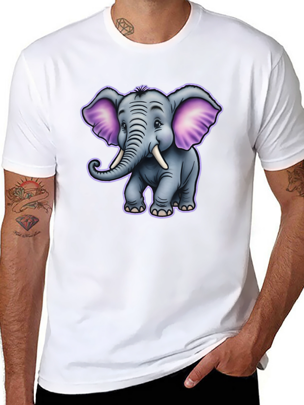 Cute Cartoon Elephant Graphic Tee - Black