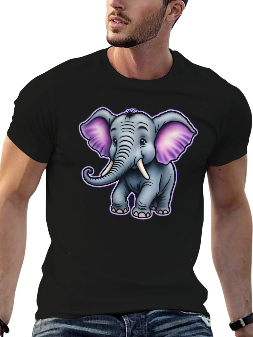 Cute Cartoon Elephant Graphic Tee - Black