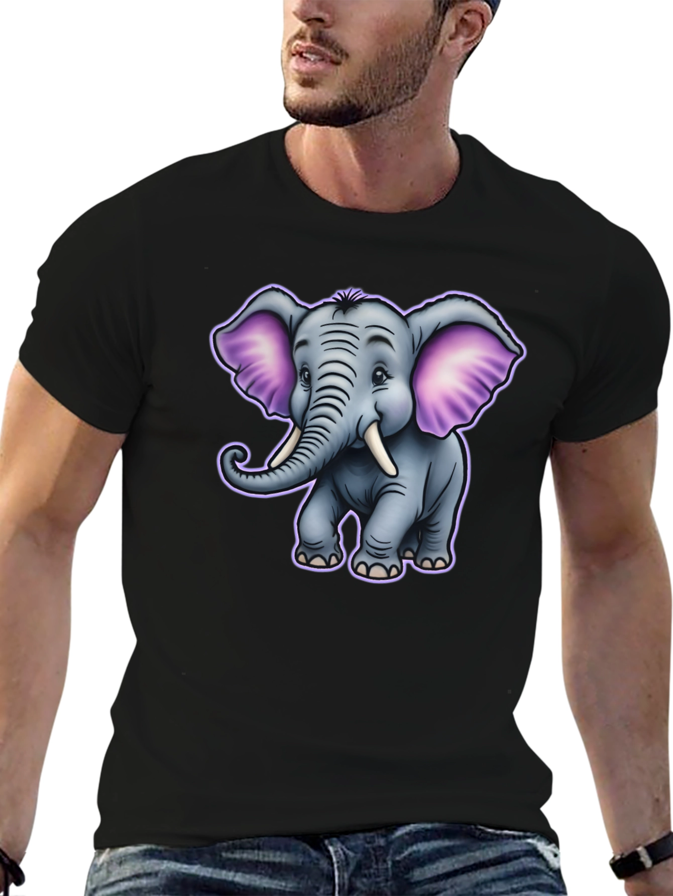 Cute Cartoon Elephant Graphic Tee - Black
