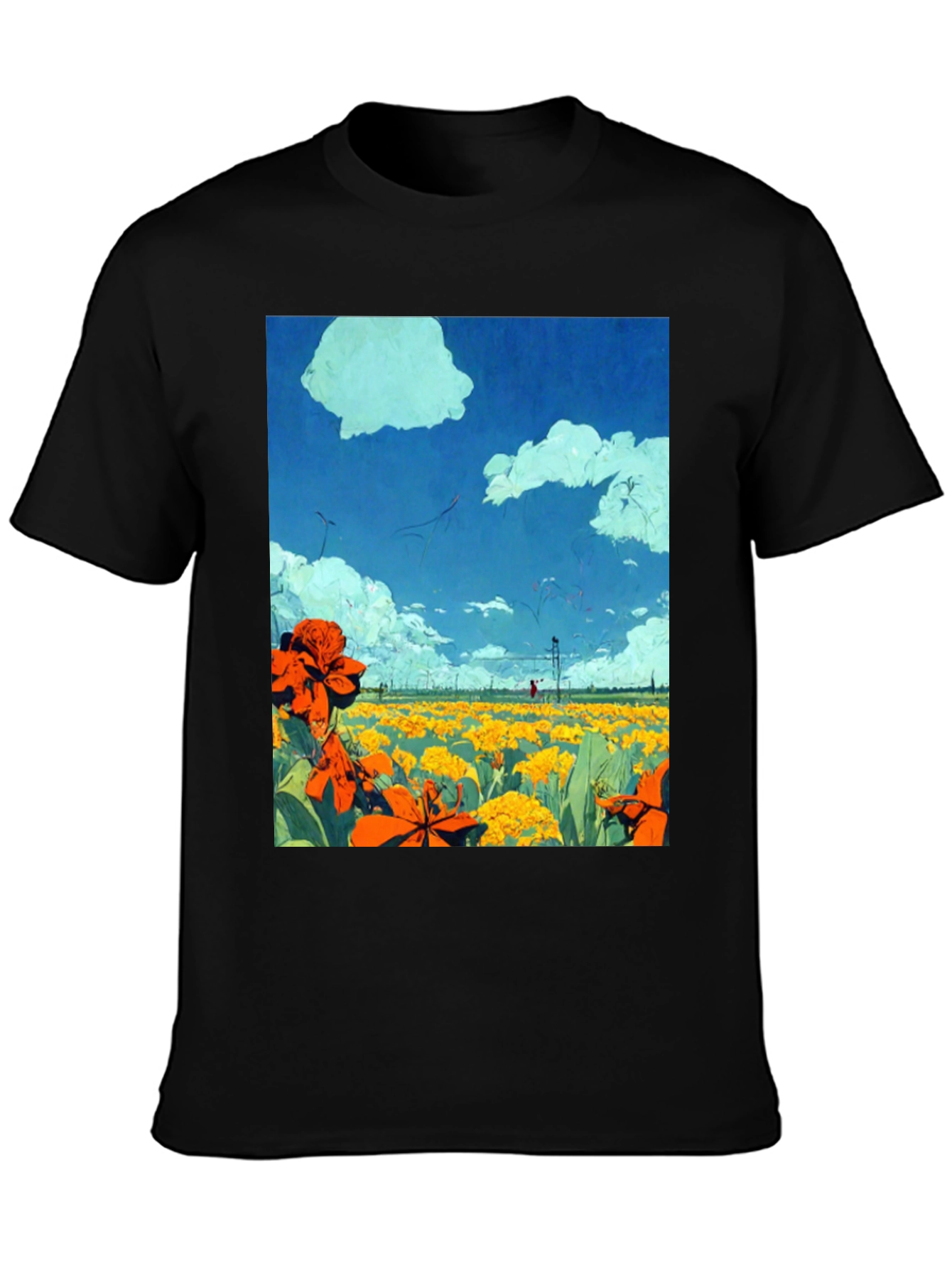 Floral Field Graphic Tee - Black Cotton Comfort