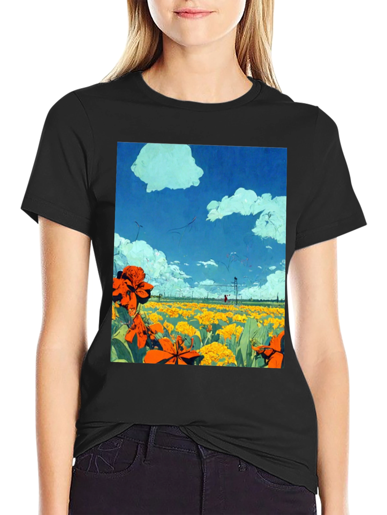 Floral Field Graphic Tee - Black Cotton Comfort
