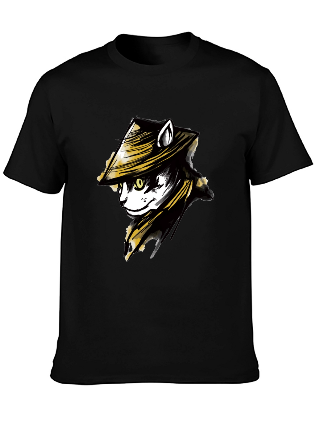 Black T-Shirt with Cat Samurai Graphic