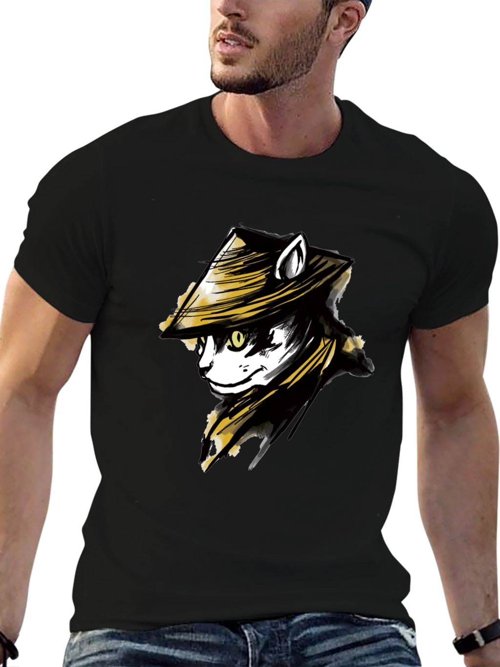 Black T-Shirt with Cat Samurai Graphic