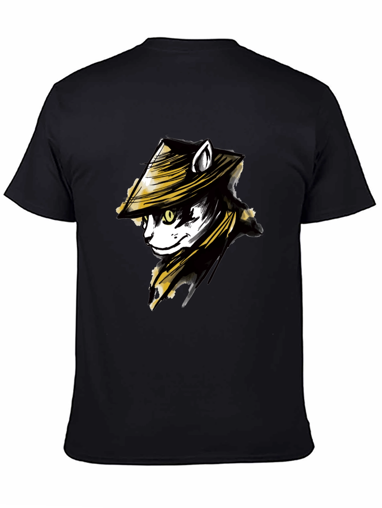 Black T-Shirt with Cat Samurai Graphic