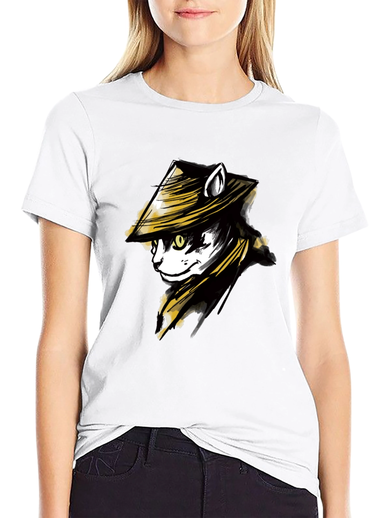 Black T-Shirt with Cat Samurai Graphic