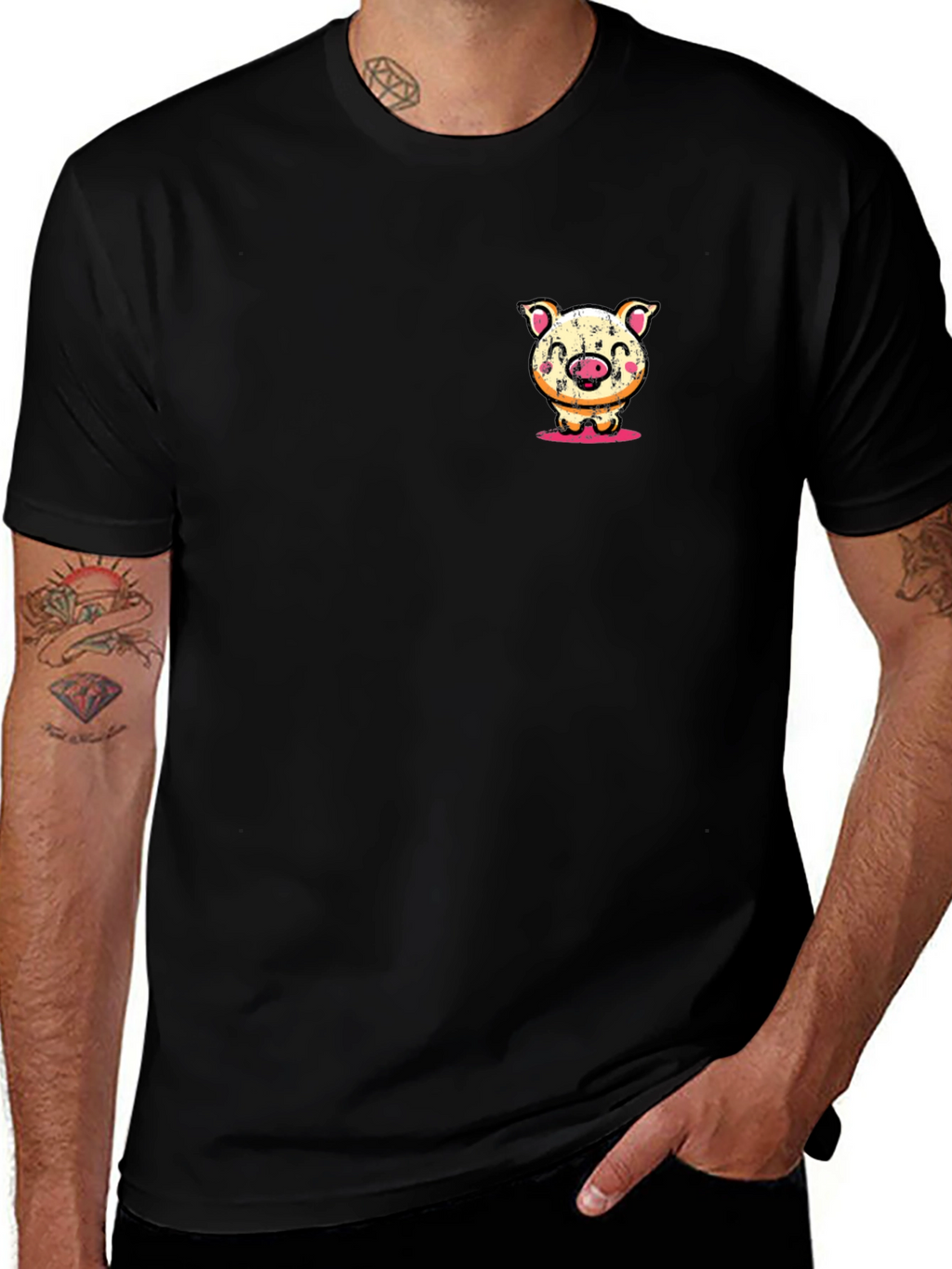Pig Cartoon Graphic Tee - Soft Black T-Shirt