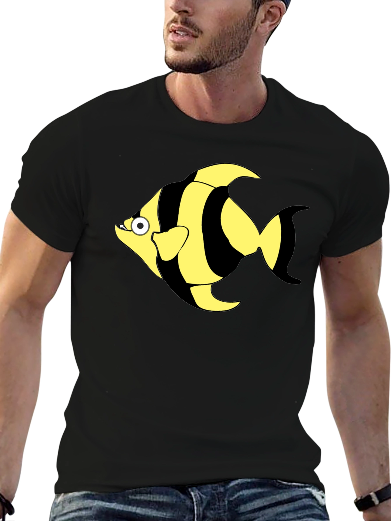 Striped Fish Graphic T-Shirt - Black Cotton Tee