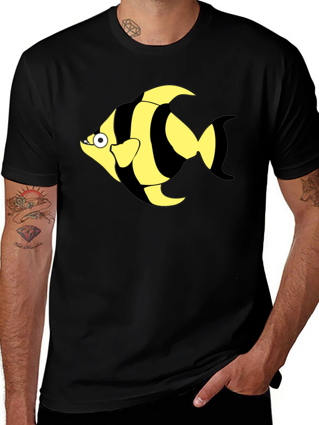 Striped Fish Graphic T-Shirt - Black Cotton Tee