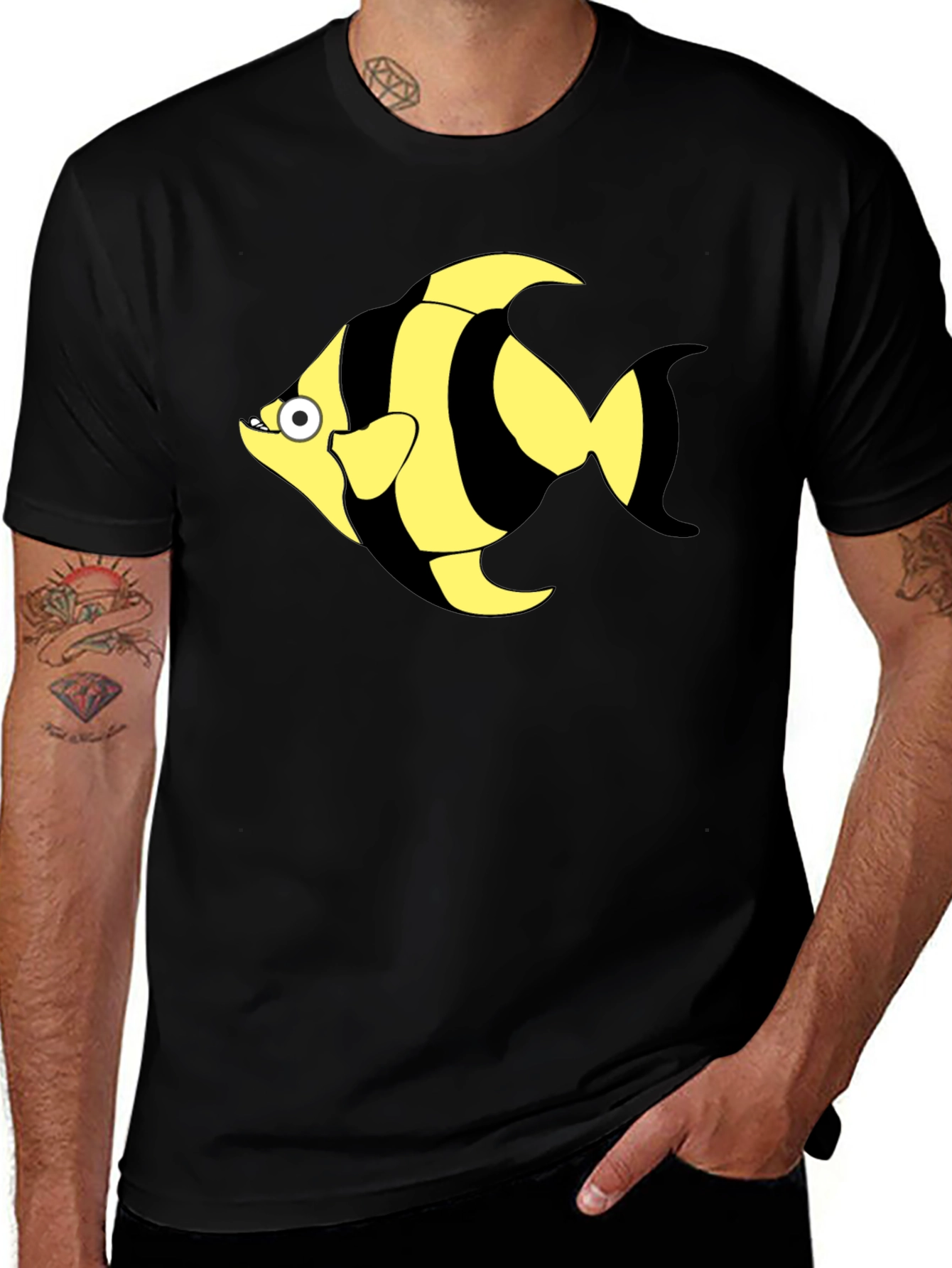 Striped Fish Graphic T-Shirt - Black Cotton Tee