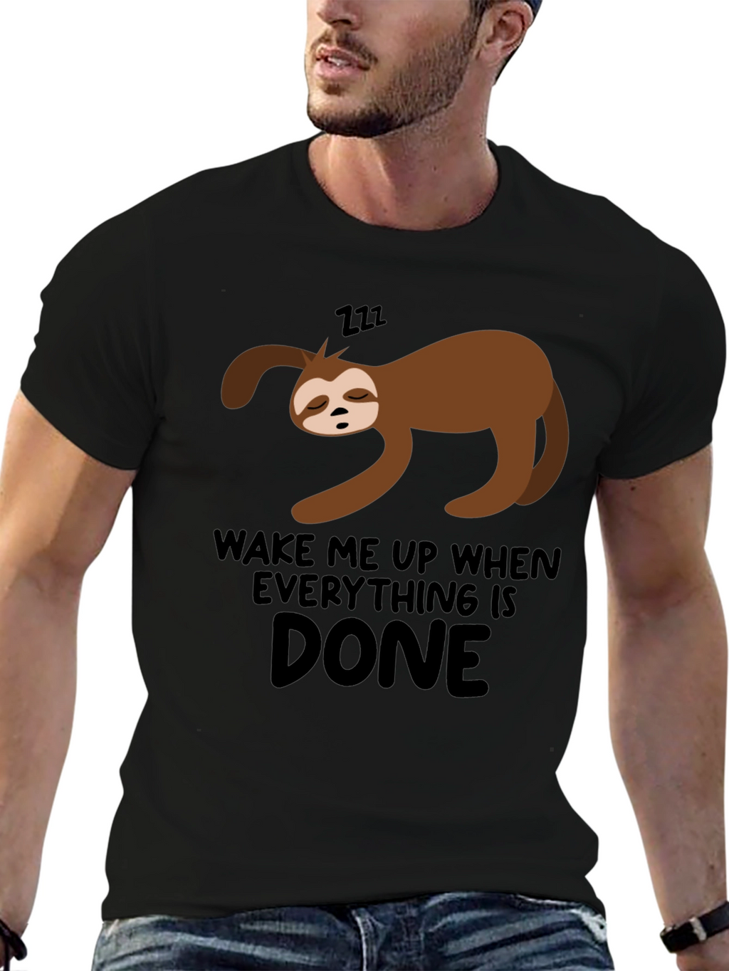 Lazy Sloth Wake Me Up When Done Black T-Shirt