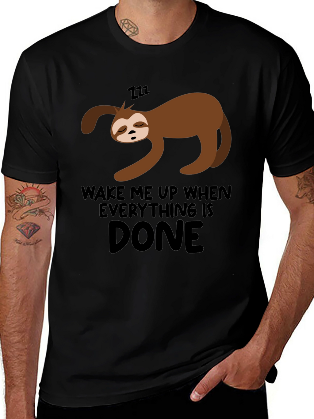 Lazy Sloth Wake Me Up When Done Black T-Shirt