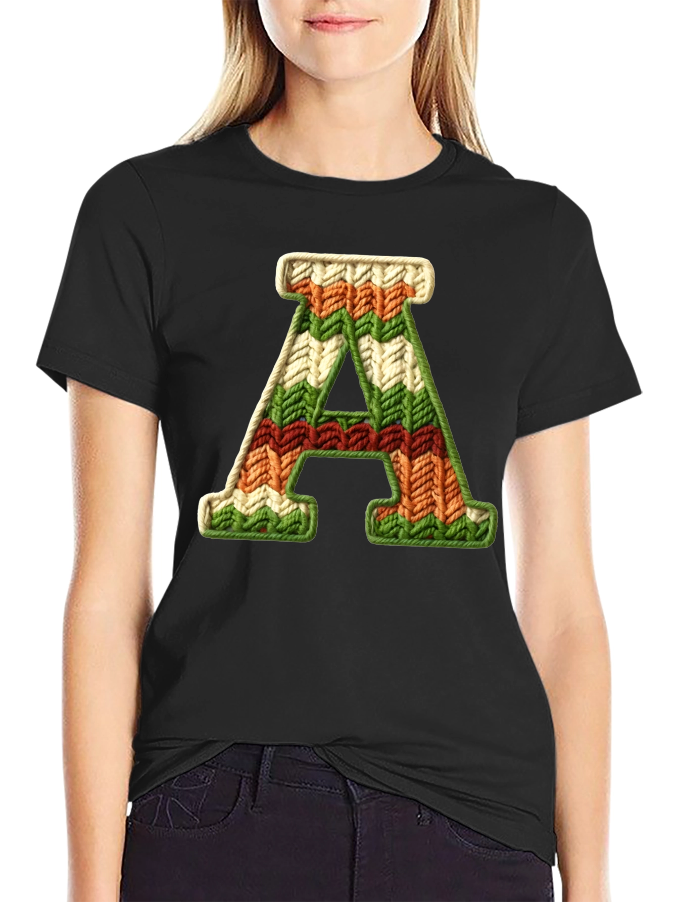 Letter A Knitted Pattern Black Tee