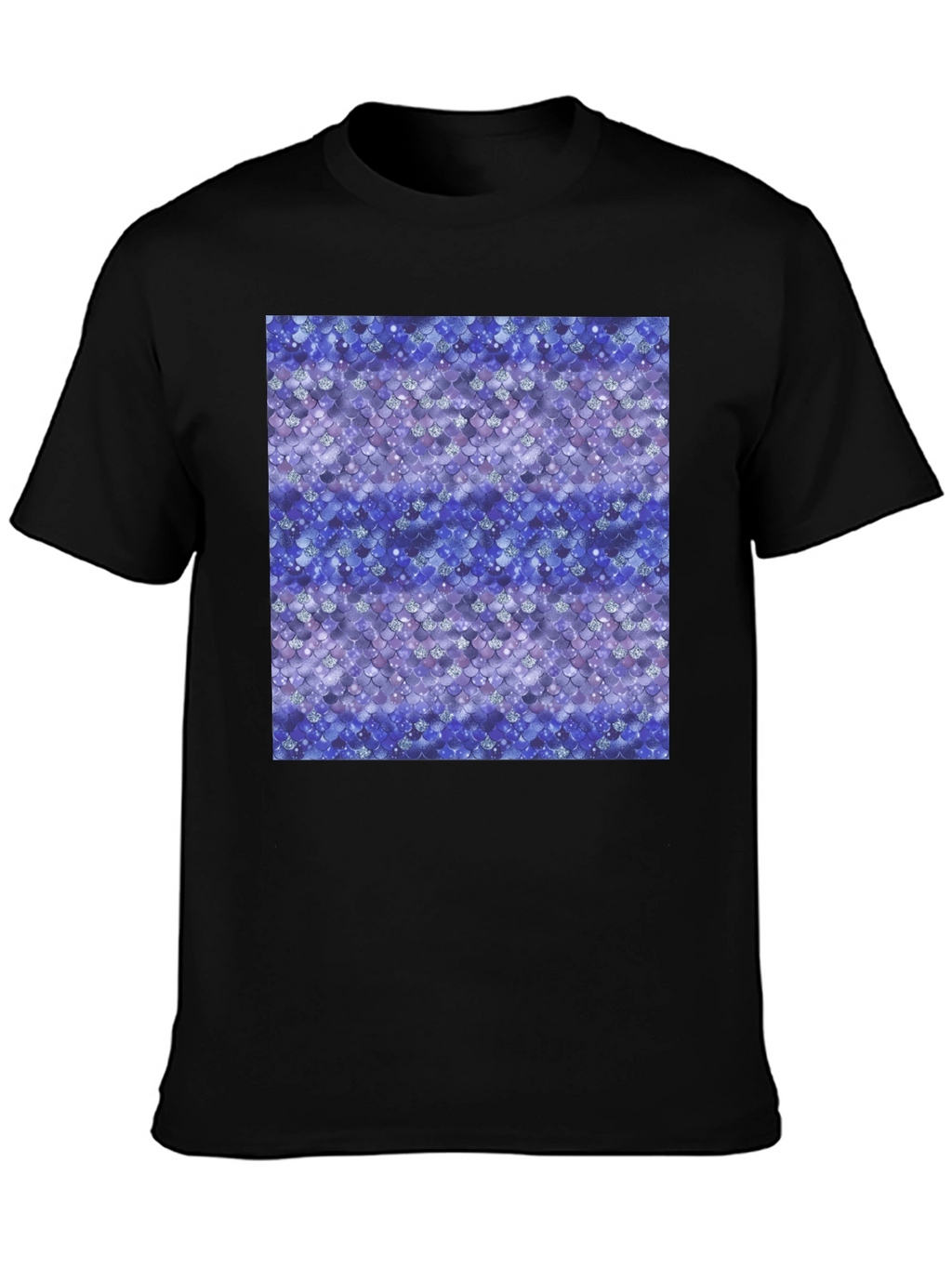 Blue Mermaid Scales Print Black T-Shirt