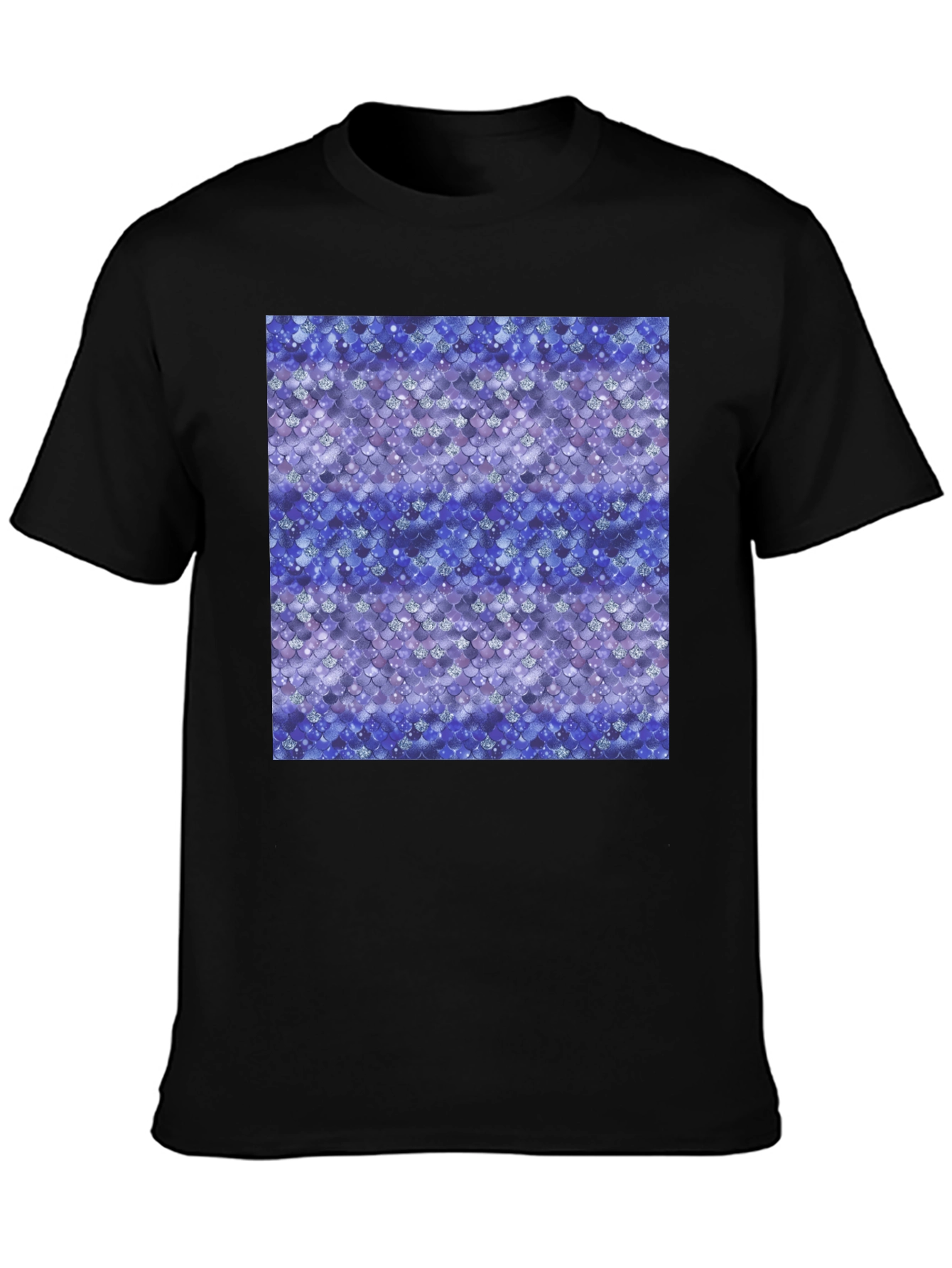 Blue Mermaid Scales Print Black T-Shirt