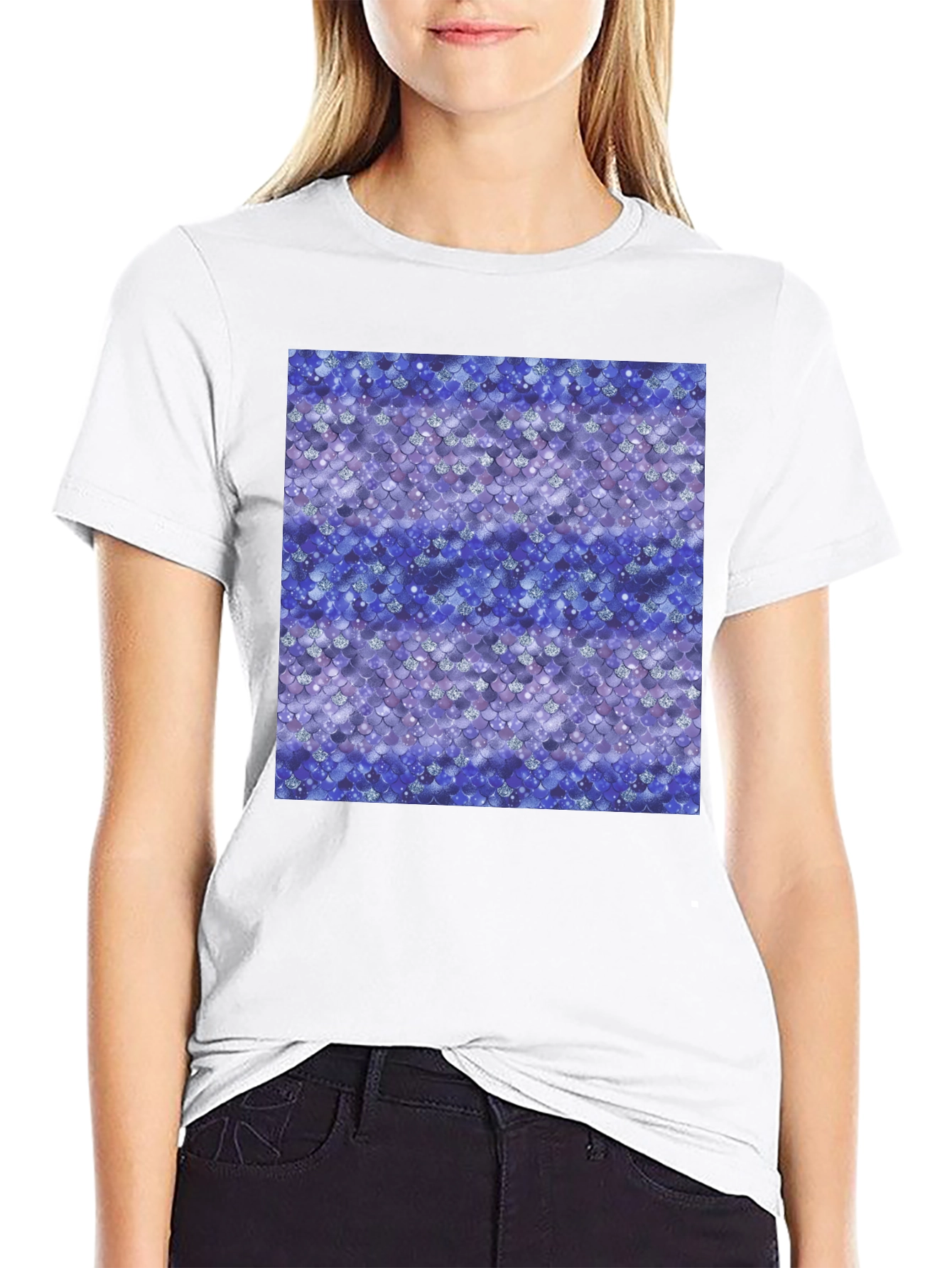Blue Mermaid Scales Print Black T-Shirt