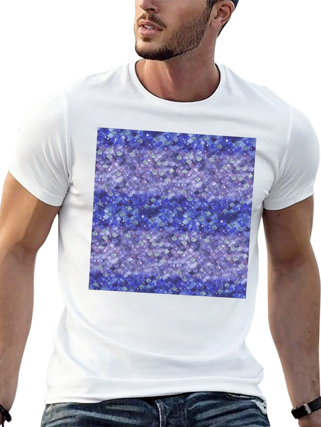 Blue Mermaid Scales Print Black T-Shirt