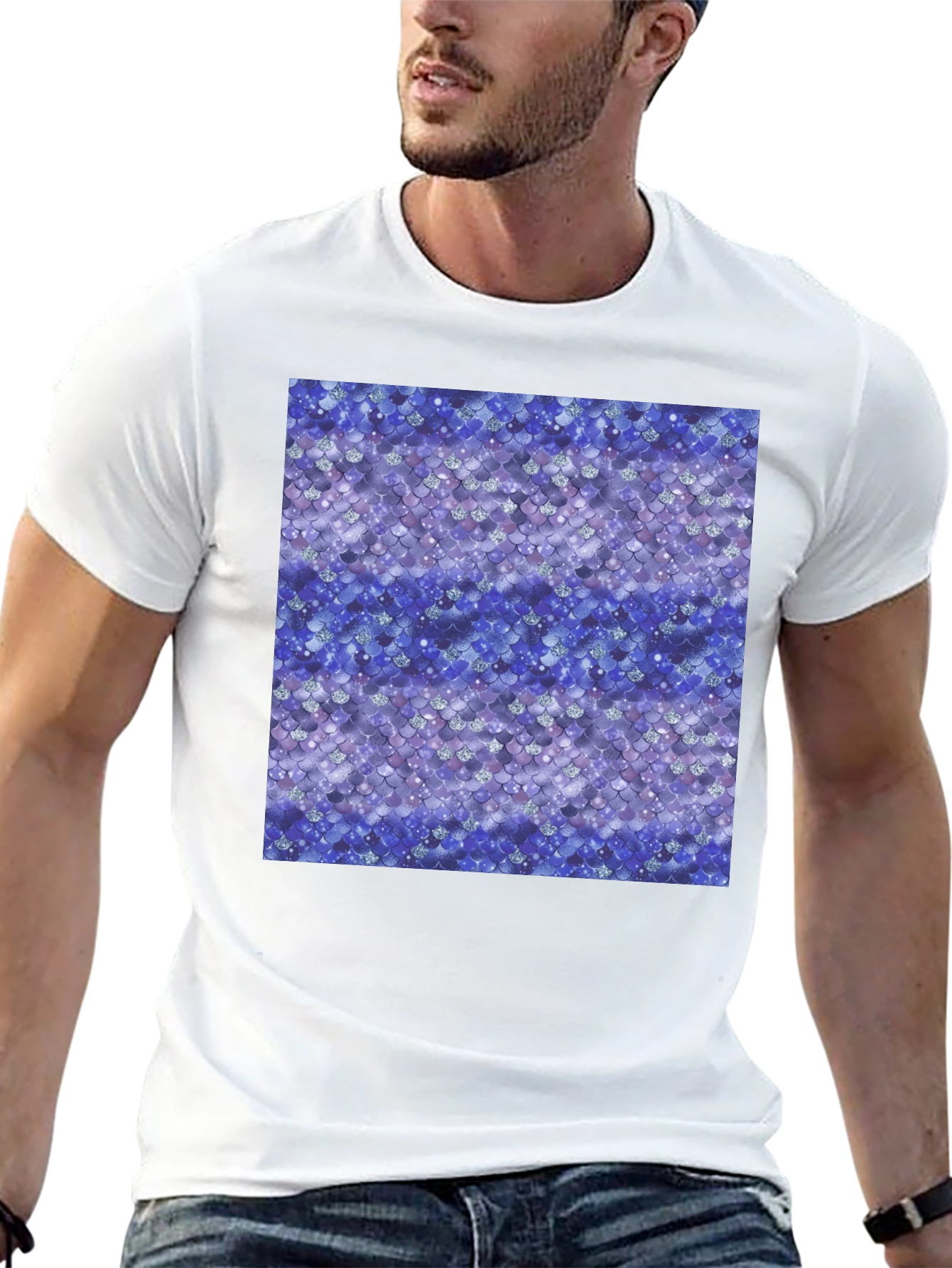 Blue Mermaid Scales Print Black T-Shirt